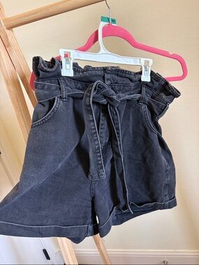 Topshop Black Paperbag Waist Denim Shorts with Self-Tie Belt